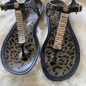 Guess thong sandal with leopard print sole jewel embellishment